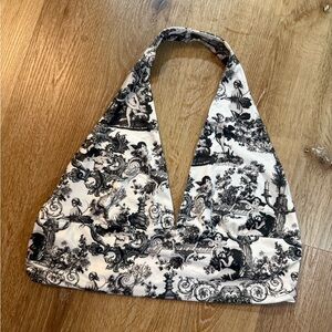 Black and White Halter Crop Top with Floral Angel Print Size Large